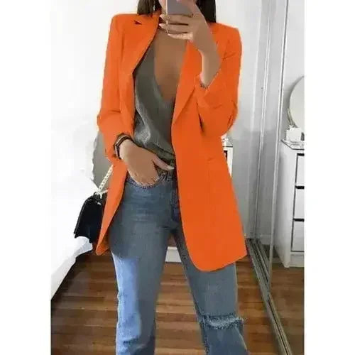 Femstylo women's slim blazer jacket with lapel, suitable for office wear and casual autumn fashion, shown in a home and garden setting.