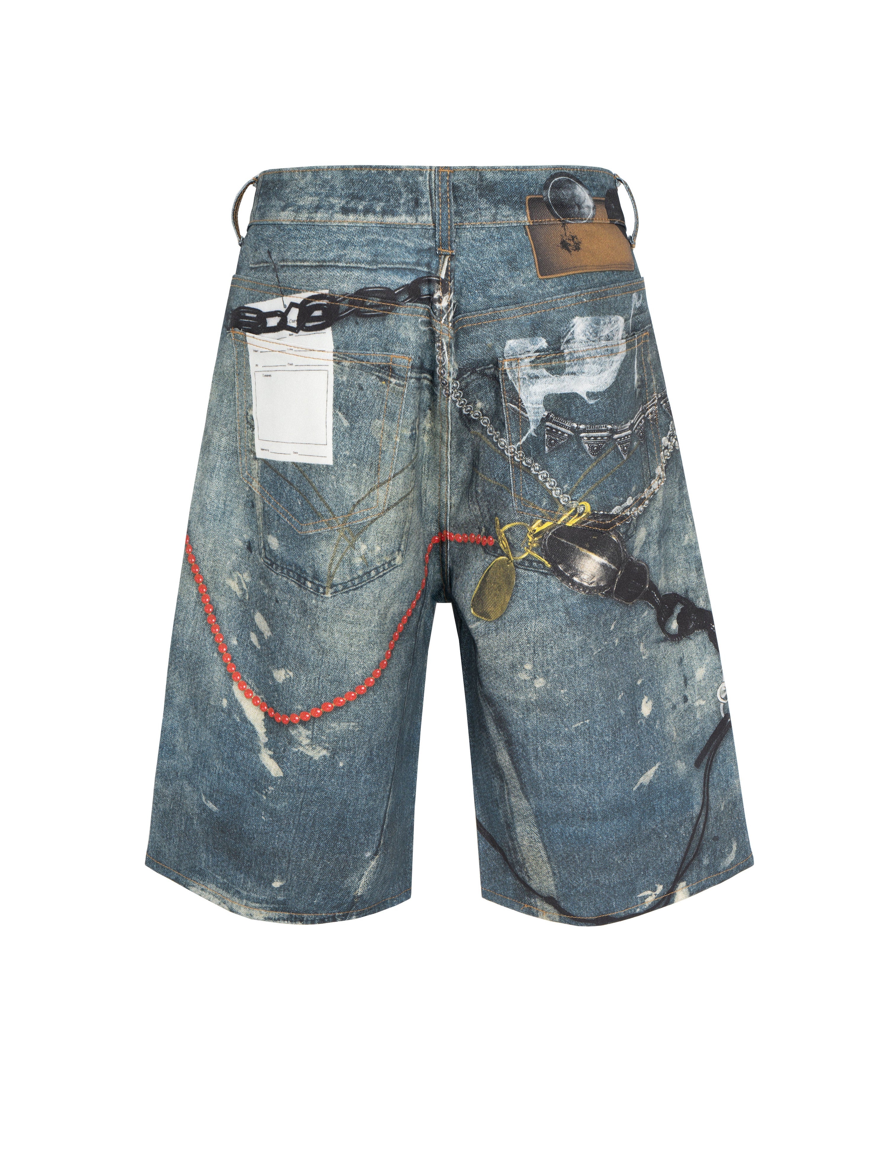Blue UNDEVELOPED hardware denim shorts with distressed details and frayed hem, styled for casual summer wear.