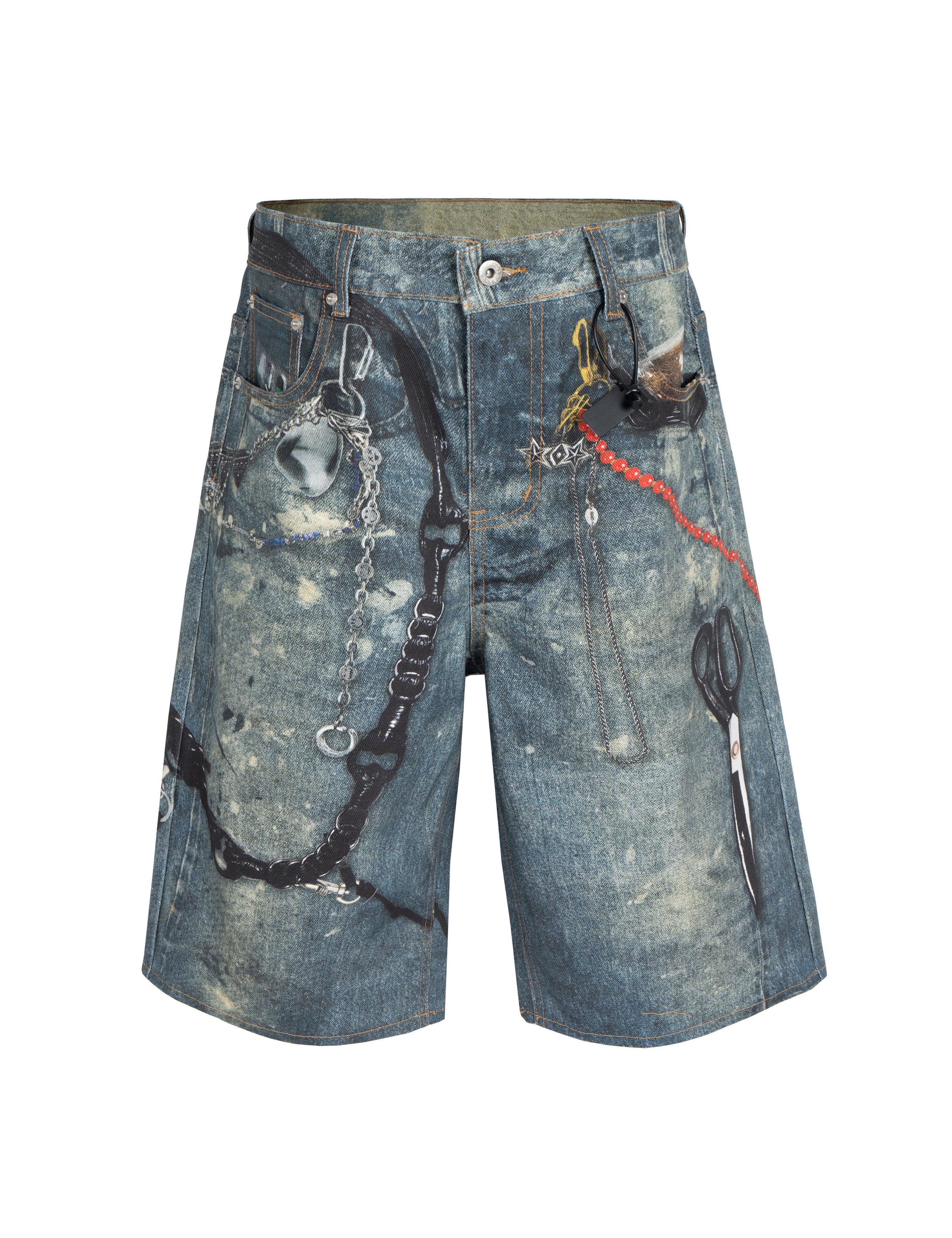 Undeveloped hardware denim shorts featuring distressed denim fabric and casual fit, shown on a model against a neutral background.