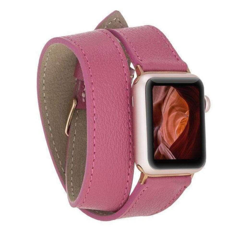 Luxury dark pink leather double wrap Apple Watch band by LEATHERE, featuring a stylish and durable design.