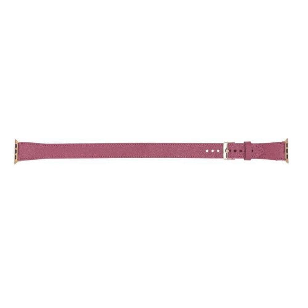 Luxury dark pink leather Apple Watch band with double wrap design by LEATHERE, featuring silver buckle and smooth leather finish.