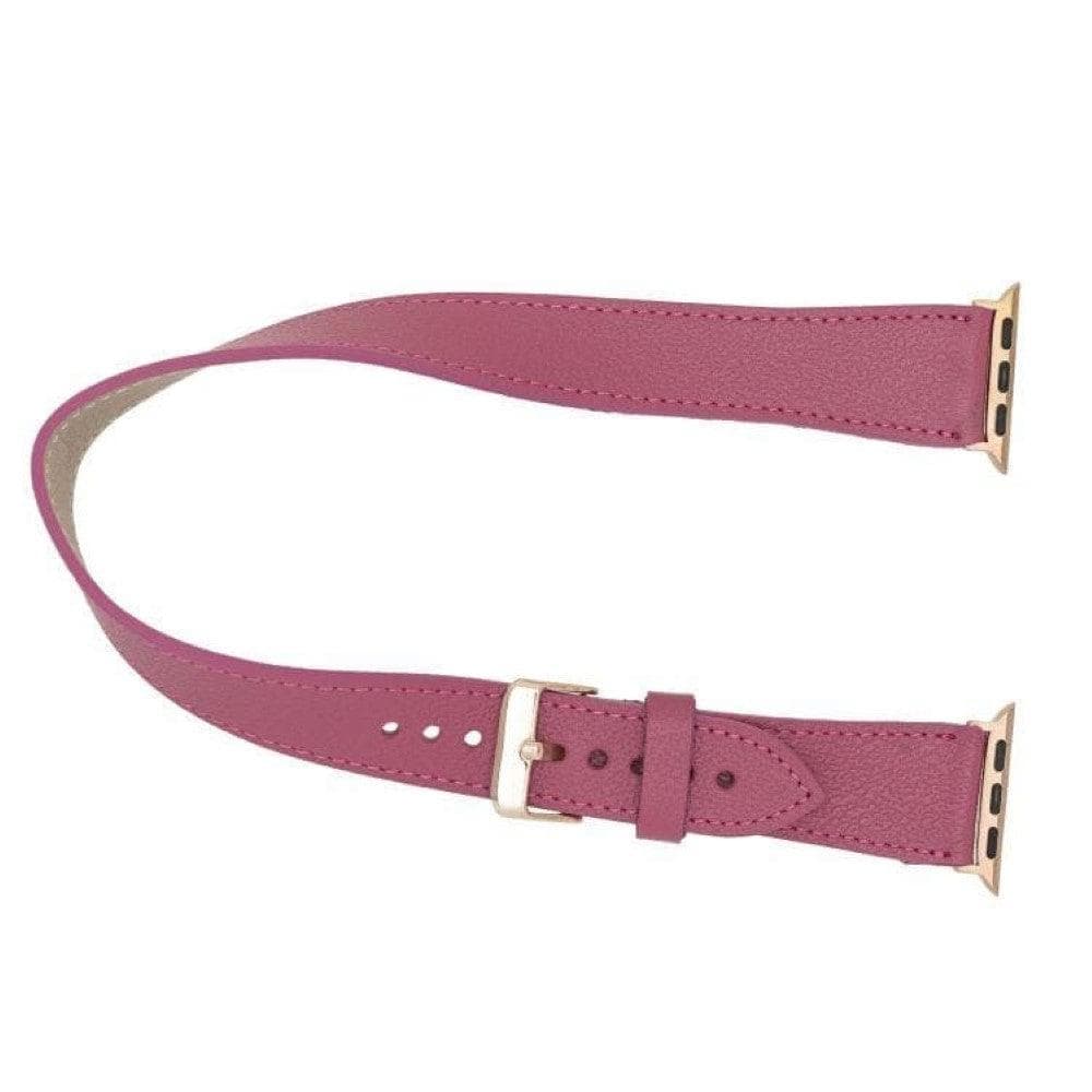 Luxury dark pink leather Apple Watch band by LEATHERE, double wrap style, shown on a wrist with silver watch case.
