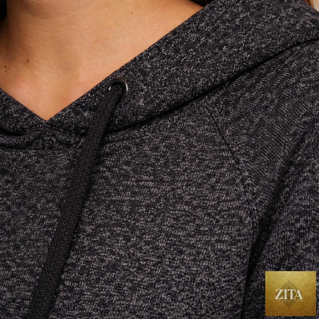 Close-up of black women's Half Moon hoodie by Kinetix, showcasing soft fabric and stylish casual luxury design.