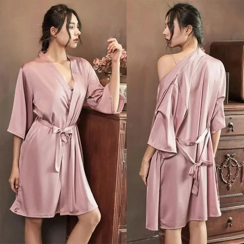 Red soft short sleepwear for women by Stevvex, V-neck bathrobe, comfortable trendy ladies' sleepwear for bridesmaids or parties.