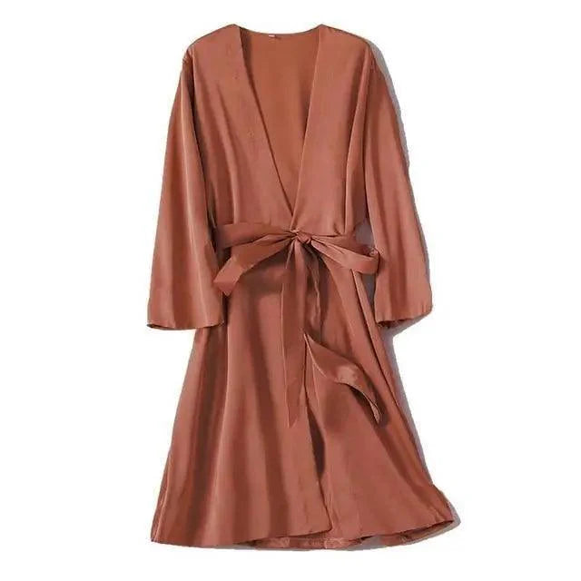 Red women's short sleepwear by Stevvex featuring a soft, comfortable V-neck bathrobe perfect for bridesmaids or relaxing at home.