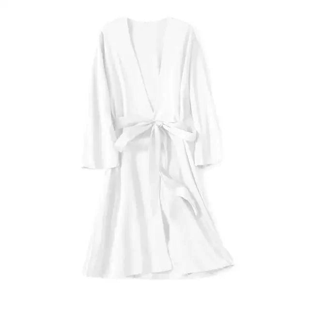 Red soft short sleepwear for women, trendy V-neck bathrobe by Stevvex, comfortable and stylish for bridesmaids and parties.