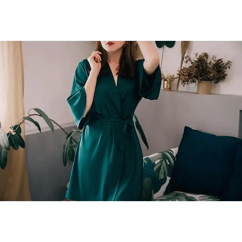 Stevvex red soft short sleepwear for women featuring a trendy V-neck bathrobe, perfect for bridesmaids or relaxing at home.