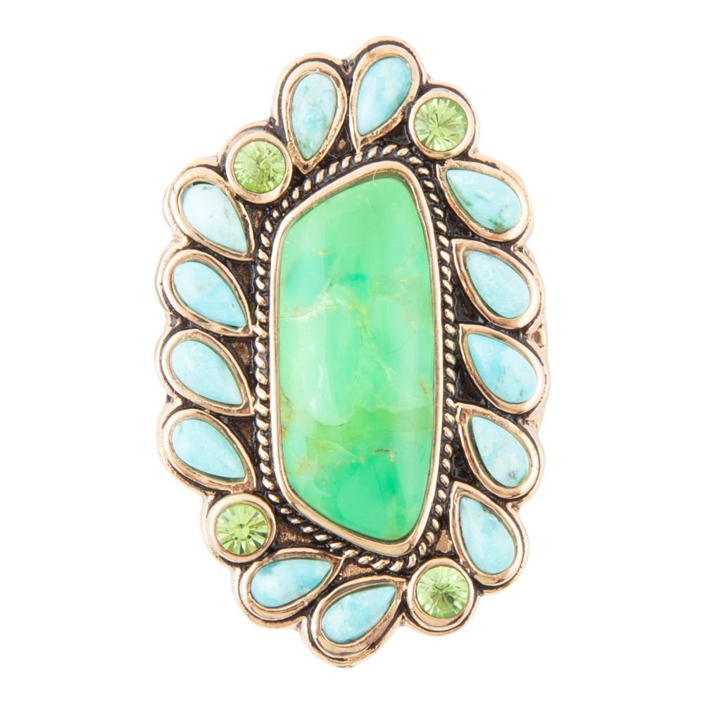 Legacy Lime Green and Blue Turquoise Golden Statement Ring by Barse Jewelry showcasing vibrant lime green, turquoise, and gold accents.
