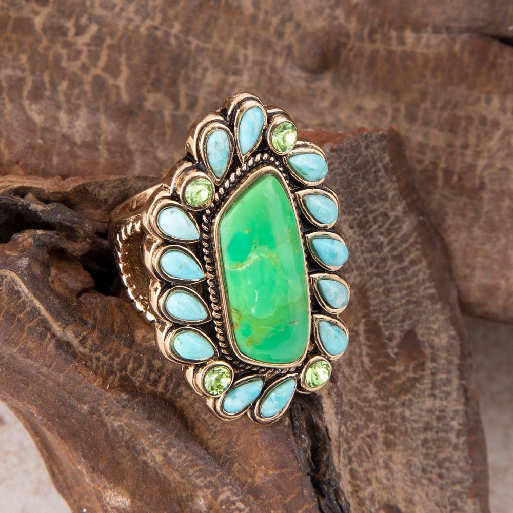 Barse Jewelry lime green and blue turquoise statement ring with gold accents, showcasing intricate design and bold colors.