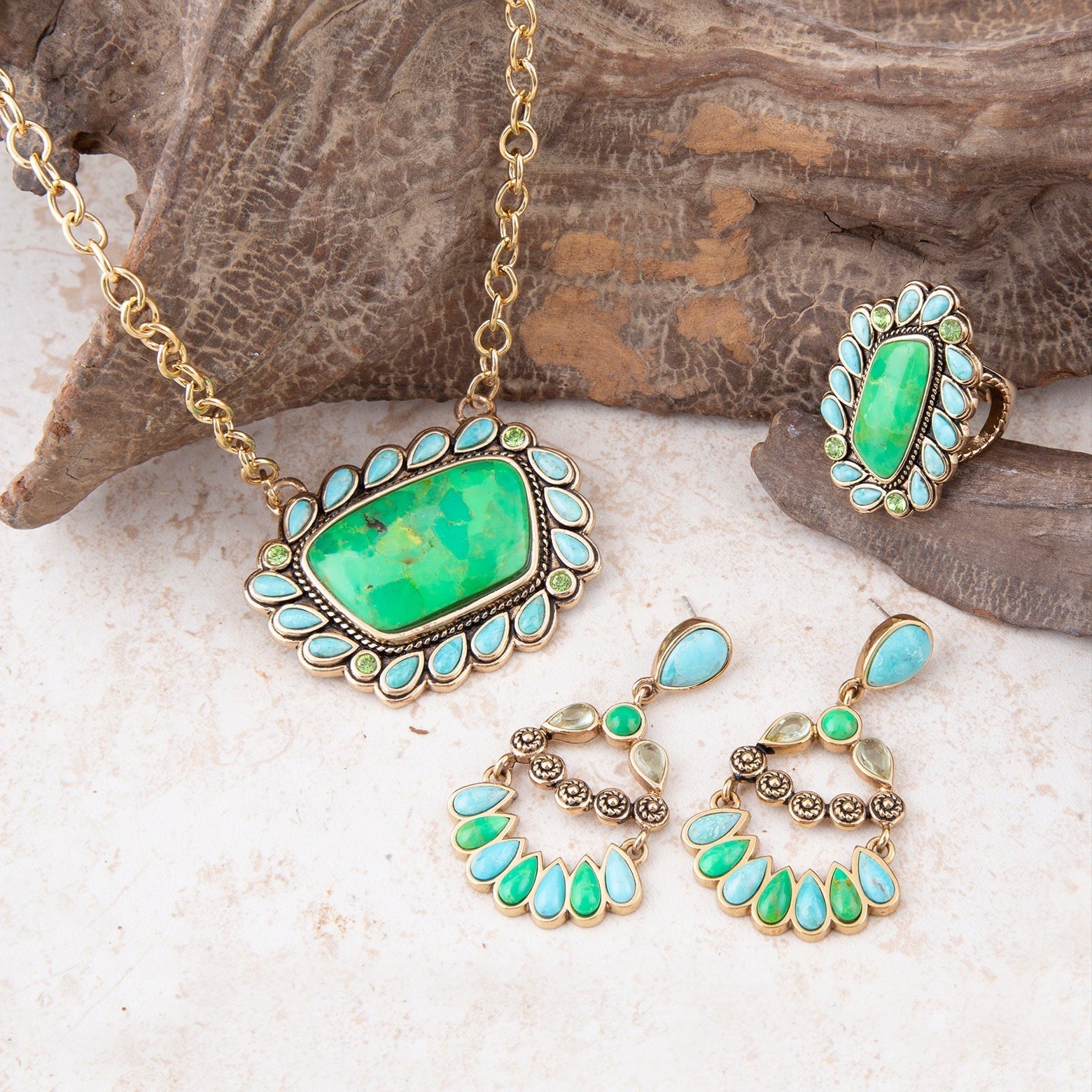 Barse Jewelry statement ring featuring lime green and blue turquoise stones with gold accents, bold and eye-catching design.