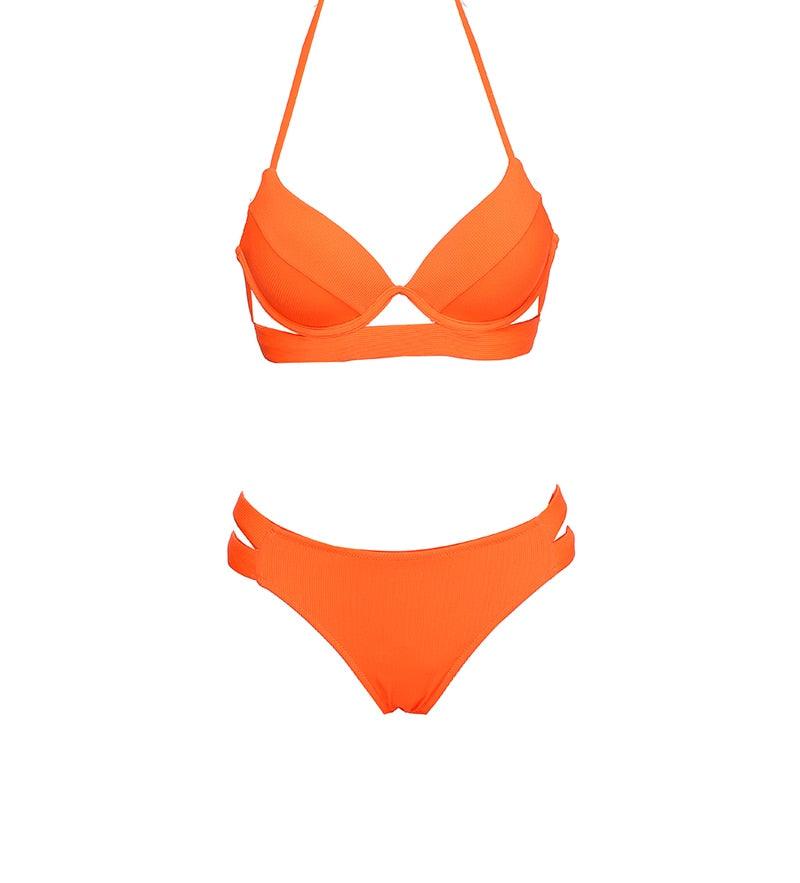 Leopard print women's summer bikini set with strapless bandage top and low waist triangle bikini bottoms, soft two-piece swimwear.
