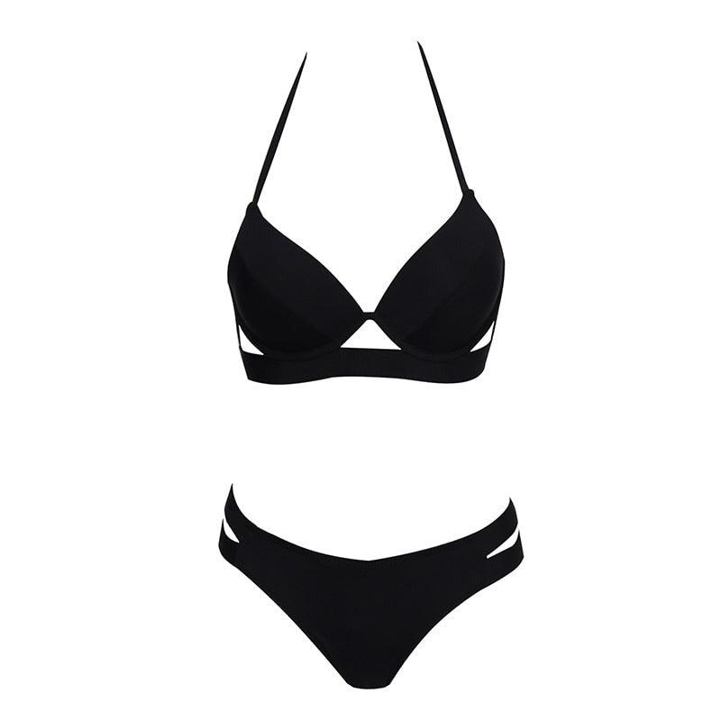 Leopard print women’s strapless bikini set with triangle top and low-waist bottoms, soft bandage style, suitable for summer swimwear.