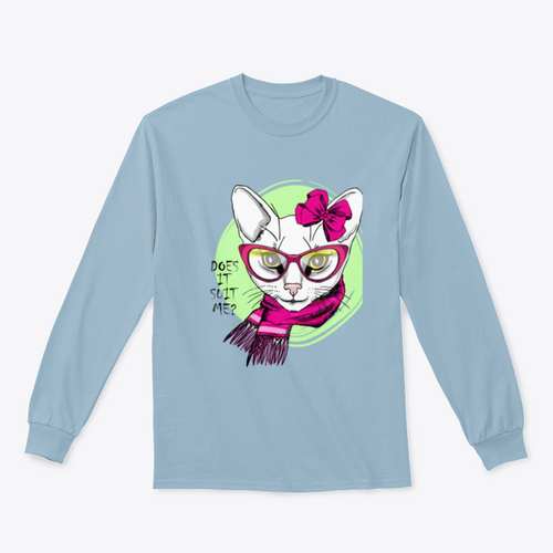 Vector White Cat With Pink Bow, Glasses And Scarf. Hand Drawn