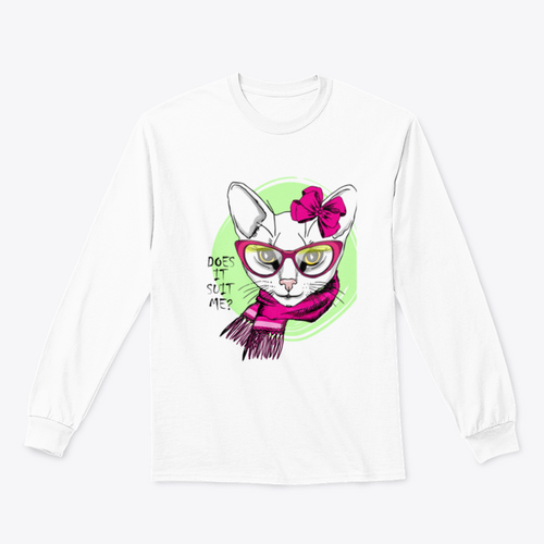 Vector White Cat With Pink Bow, Glasses And Scarf. Hand Drawn