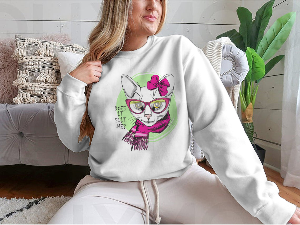 Vector White Cat With Pink Bow, Glasses And Scarf. Hand Drawn