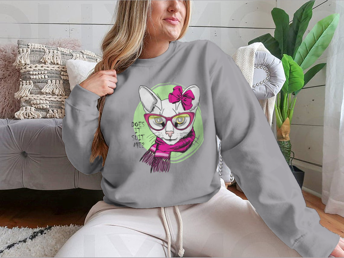Vector White Cat With Pink Bow, Glasses And Scarf. Hand Drawn