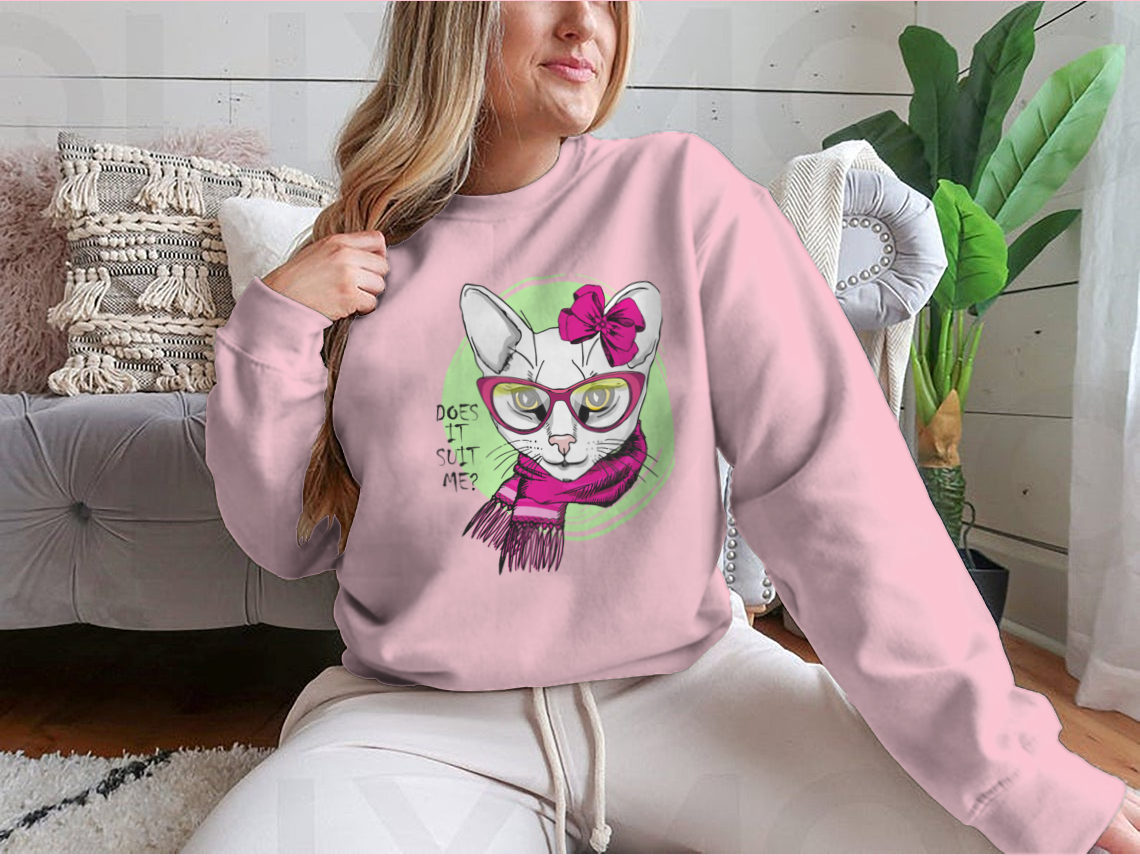 Vector White Cat With Pink Bow, Glasses And Scarf. Hand Drawn