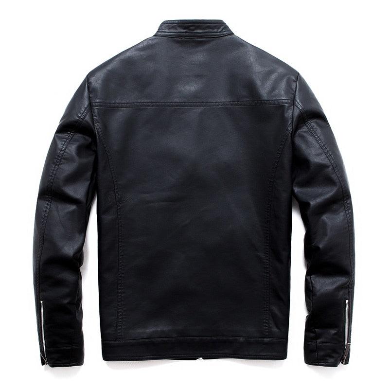 Luxury black men's faux leather motorcycle jacket with slim fit, warm lining, and elegant design by Stevvex, perfect for stylish men.