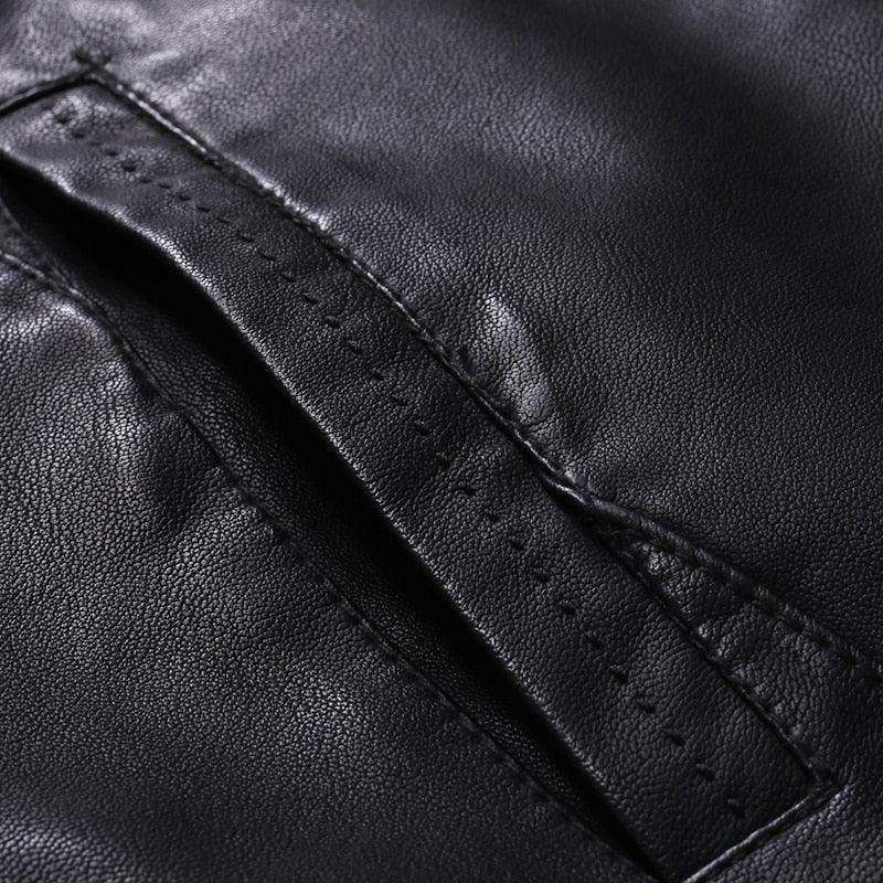 Elegant black men's faux leather motorcycle jacket by Stevvex with slim fit, warm lining, and stylish design for business and casual wear.