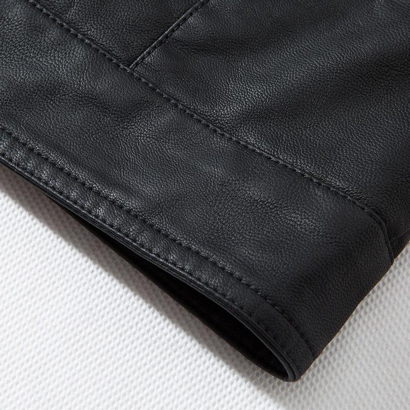 Luxury black men's faux leather motorcycle jacket by Stevvex, slim fit, warm, stylish coat with elegant design and casual business appeal.