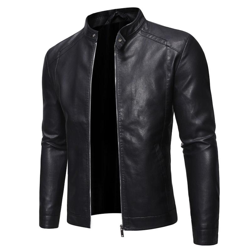 Stevvex luxury black men's faux leather motorcycle jacket, slim fit, warm, stylish business and casual coat for men.