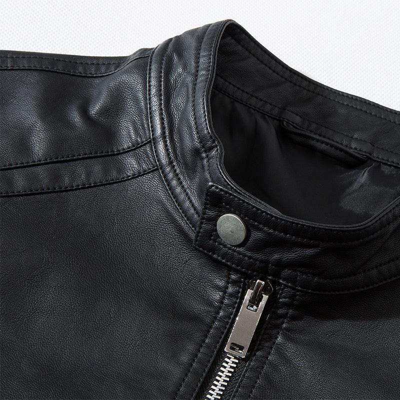 Elegant black men's faux leather motorcycle jacket by Stevvex, slim fit design, warm and stylish for business or casual wear.