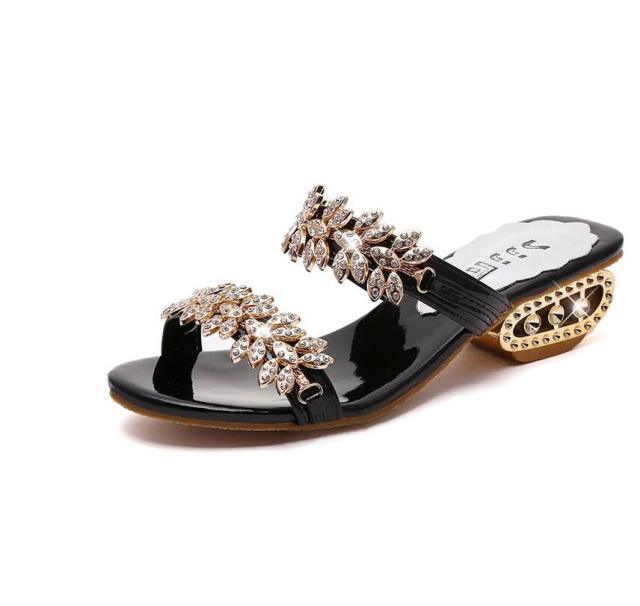 Shiny black women's summer beach sandals with rhinestones, square toe, elastic slingback, flat casual style by Stevvex.