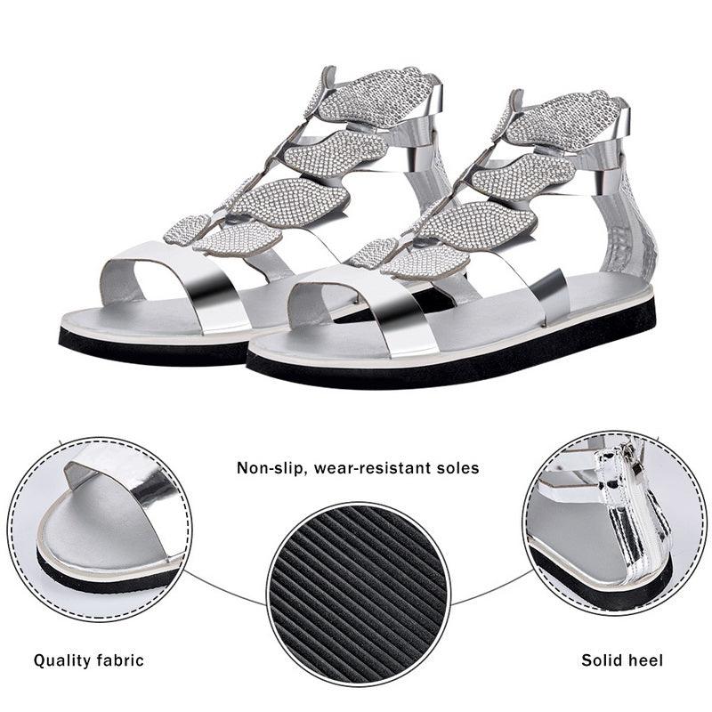 Stevvex women's rhinestone butterfly flat sandals with breathable straps, non-slip soles, perfect for casual outdoor and beach wear.