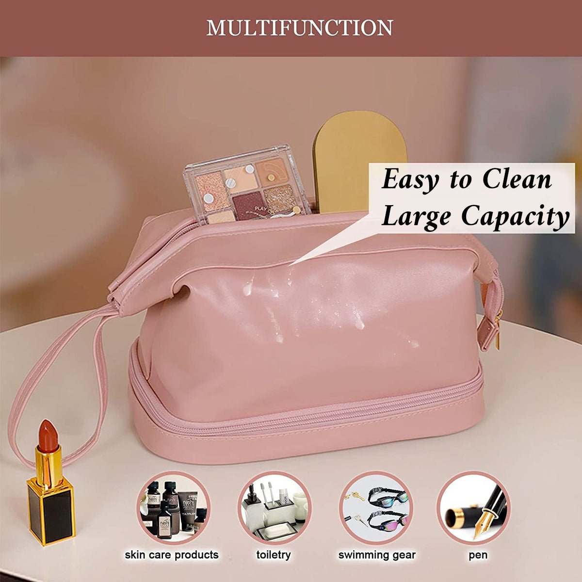 Compact Makeup & Toiletry Bag – Travel Organizer with Brush Slot