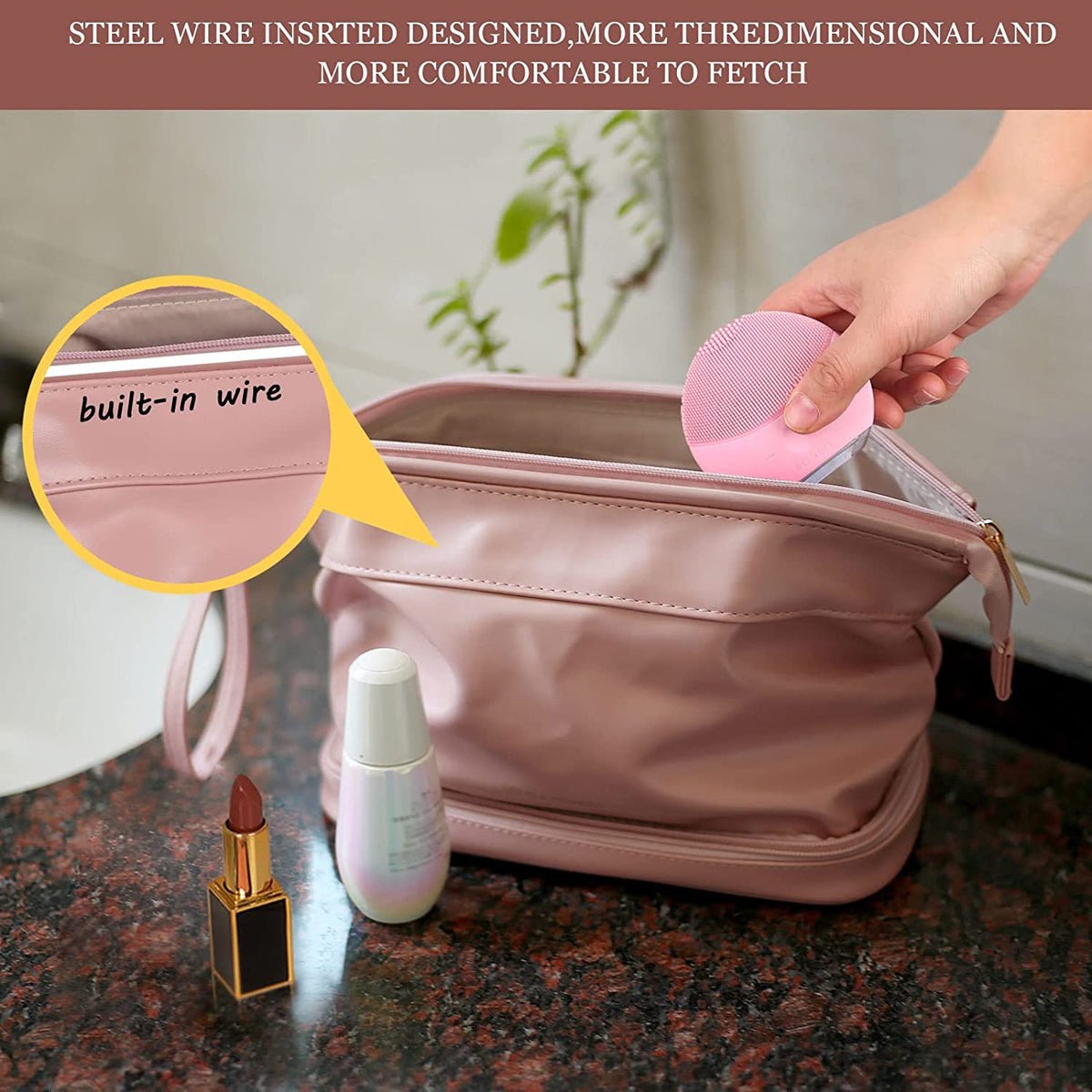 Compact Makeup & Toiletry Bag – Travel Organizer with Brush Slot