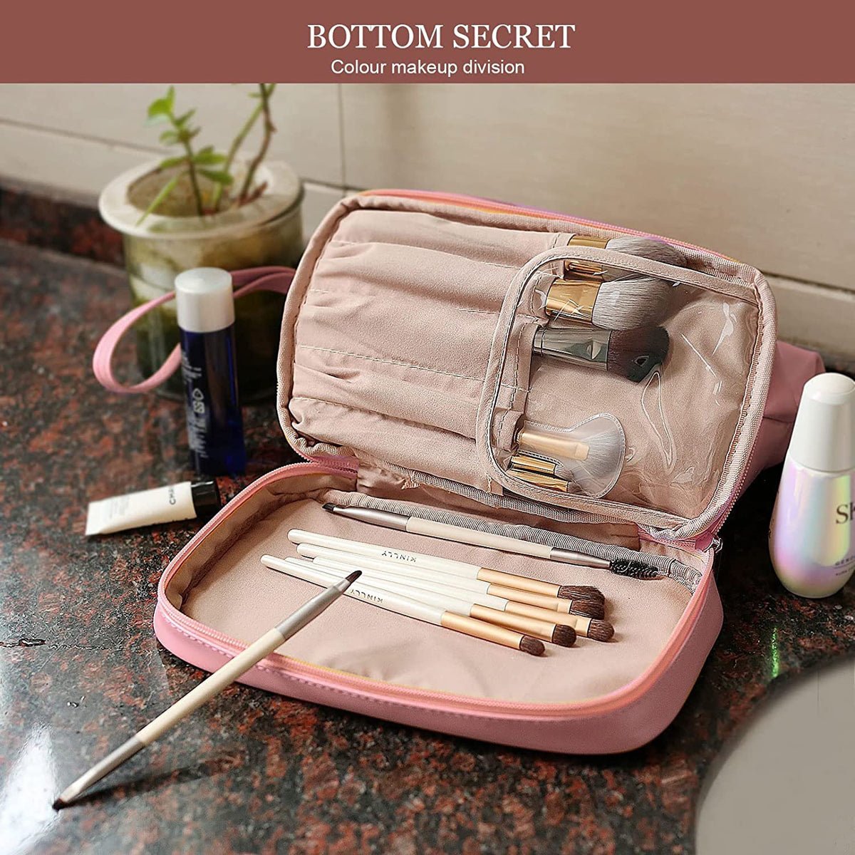Compact Makeup & Toiletry Bag – Travel Organizer with Brush Slot