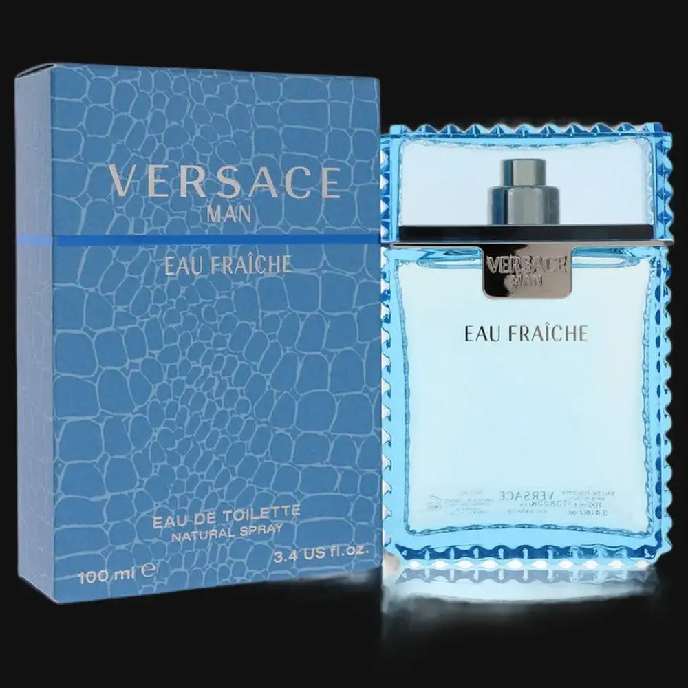 Man wearing a cologne spray bottle of Versace Man Eau Fraiche by Gamer Scents, 3.4 oz eau de toilette, sleek design.
