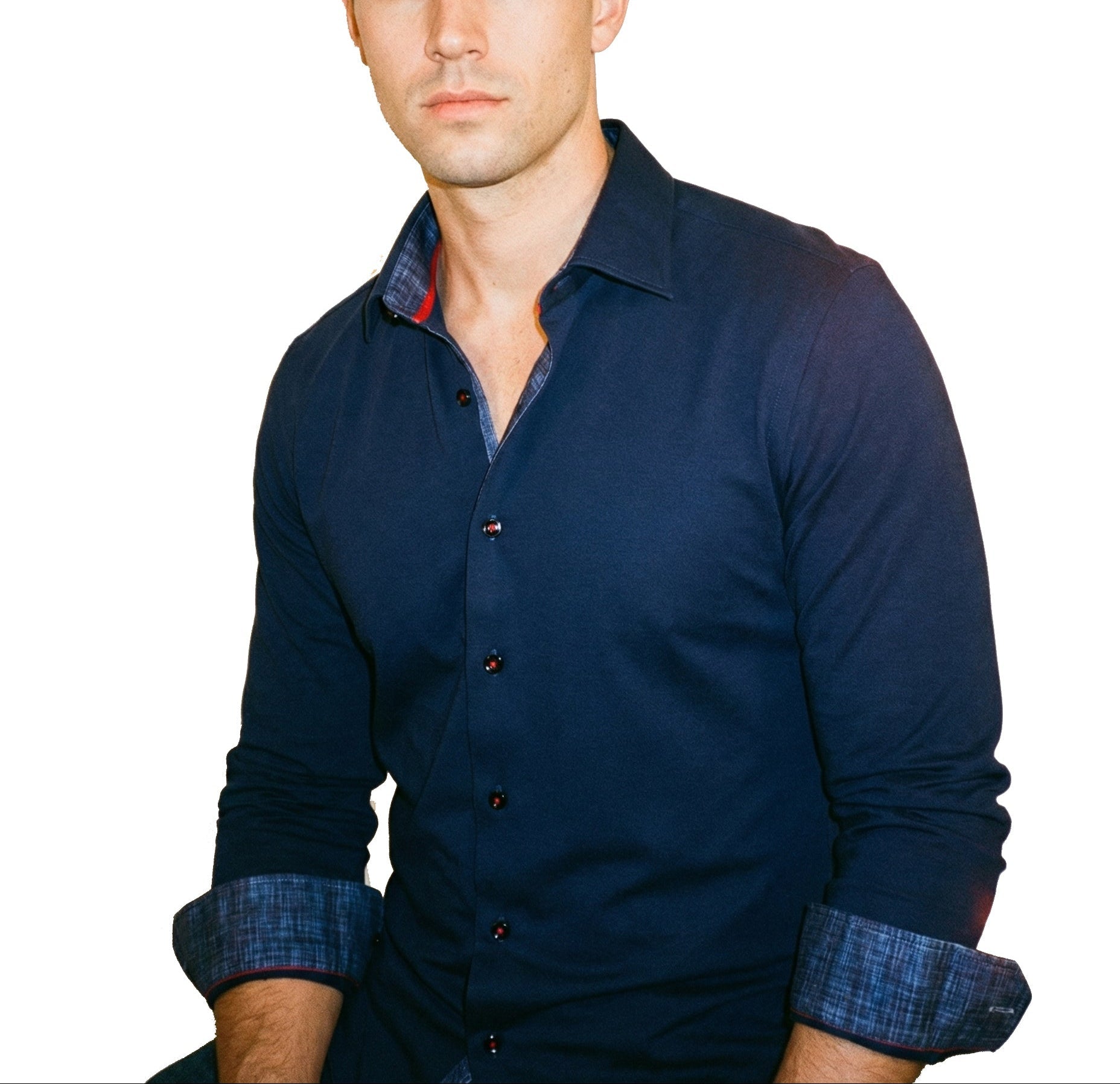 Man wearing LEVINAS® Navy cotton knit-stretch button-up shirt with contrast details, tailored fit, and long sleeves.