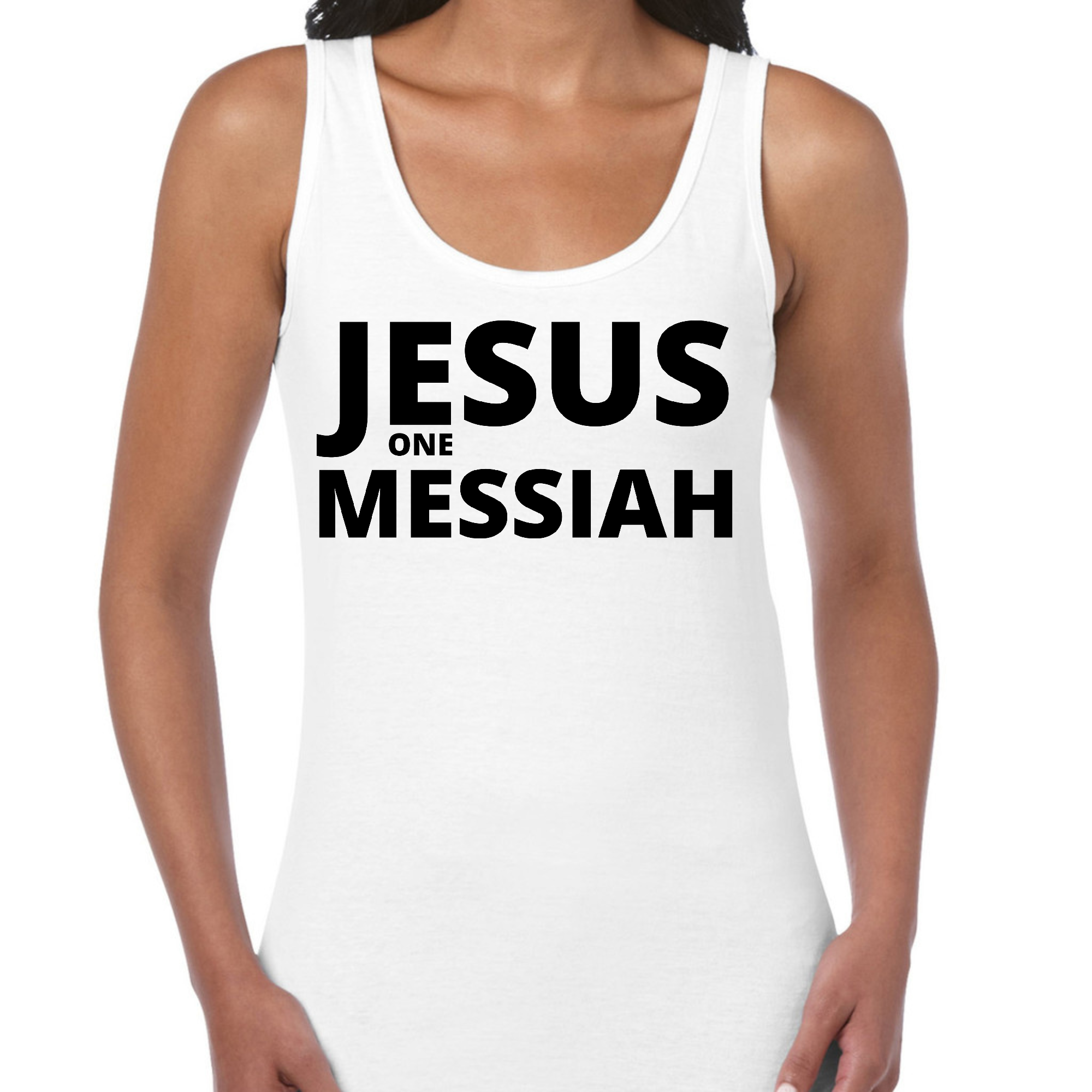 Womens Fitness Tank Top Graphic T-shirt - Jesus one Messiah Black Grey Coco