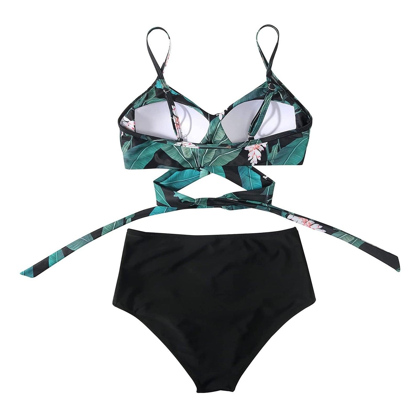 Stevvex modern floral two-piece bikini set with high waist, crisscross top, string details, and floral pattern for women’s summer swimwear.