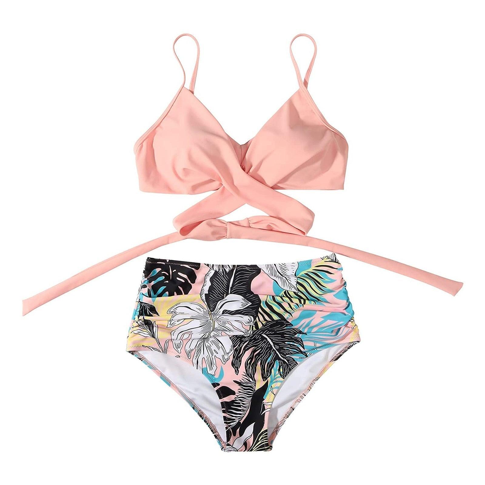 Stevvex floral 2-piece bikini set with high waist, crisscross top, string sides, and floral print for summer swimwear fashion.