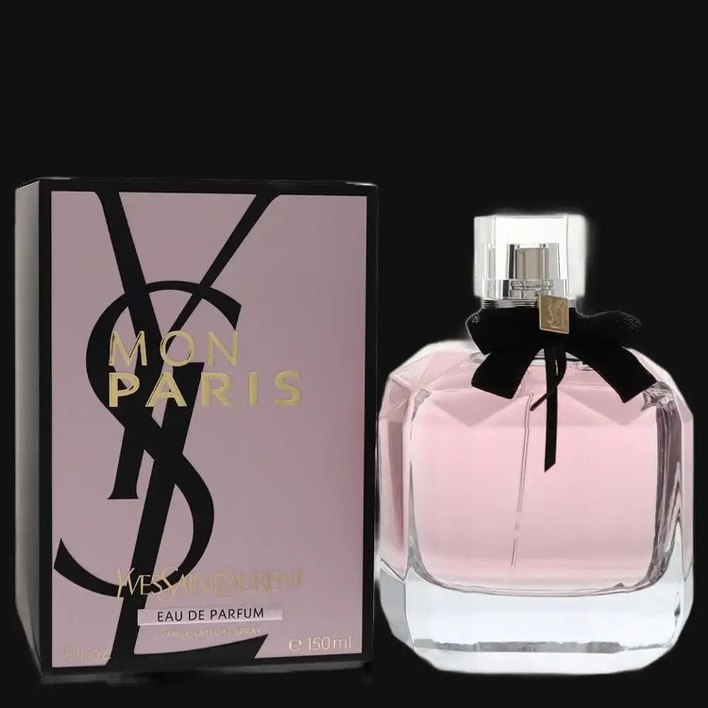Yves Saint Laurent Mon Paris perfume for women in a 5 oz eau de parfum spray, featuring a sleek glass bottle with a pink cap.