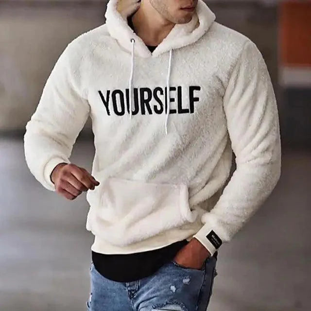 Stevvex men's wool hooded sweatshirt with letter print, long sleeves, embroidered details, ideal for autumn and winter casual wear.