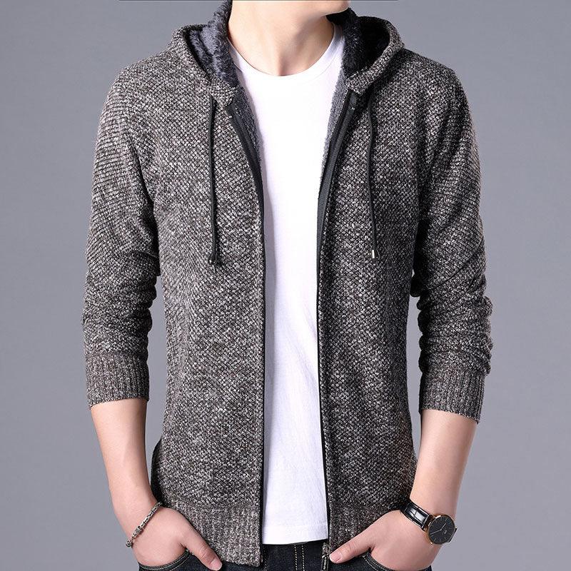 Stevvex men's autumn winter slim-fit fleece jacket with hood, soft warm sweater, casual and business style, solid color.