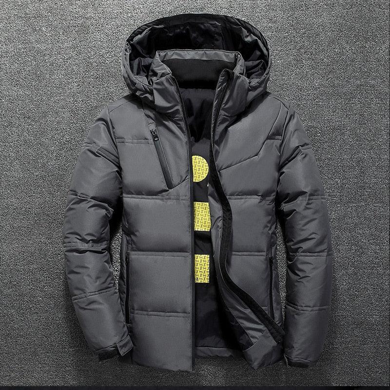 Stevvex men's modern red winter jacket with hood, solid color, unique design, warm, outdoor coat for cold weather.