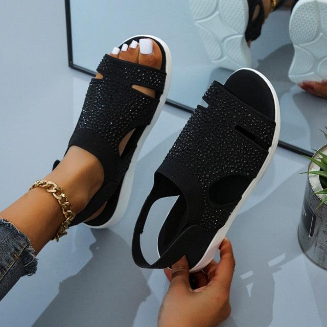 Blue casual women’s flat sandals with buckle strap, open toe slide design, slip-on style, perfect for summer beach and dressy wear.