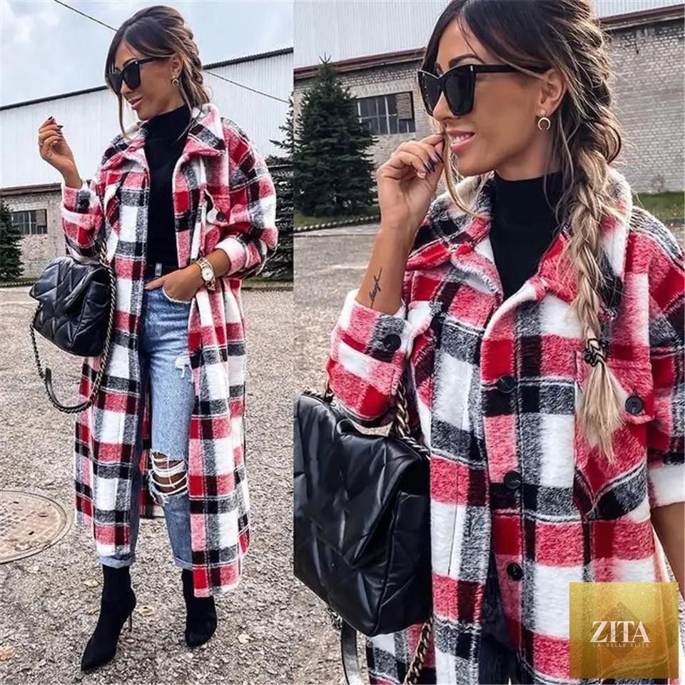 Red plaid women's coat with long sleeves, lapel collar, and single-breasted design, ideal for autumn and winter.