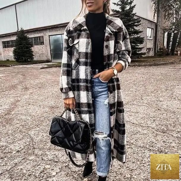 Red plaid women's coat with long sleeves, lapel collar, and single-breasted design, perfect for autumn and winter.