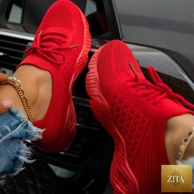 New Women Casual Shoes Sport Sneakers Lace Up Running Woman Red Platform Sneaker Vulcanized Mesh Trainers Running Lightweight Mesh Sneaker Fashion Athletic Walking Shoes For Workout