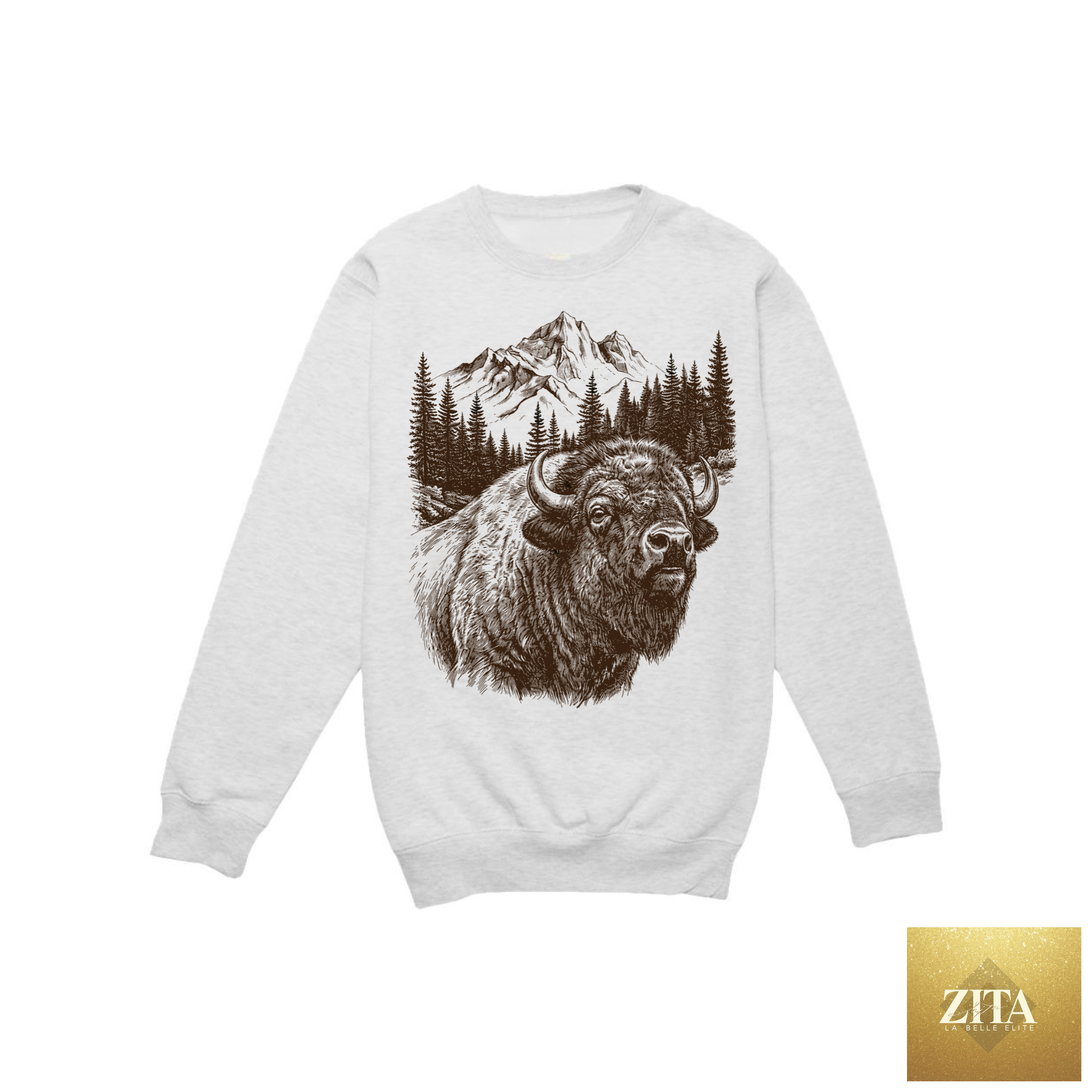 Rustic Mountain Bison Graphic Crewneck Sweatshirt
