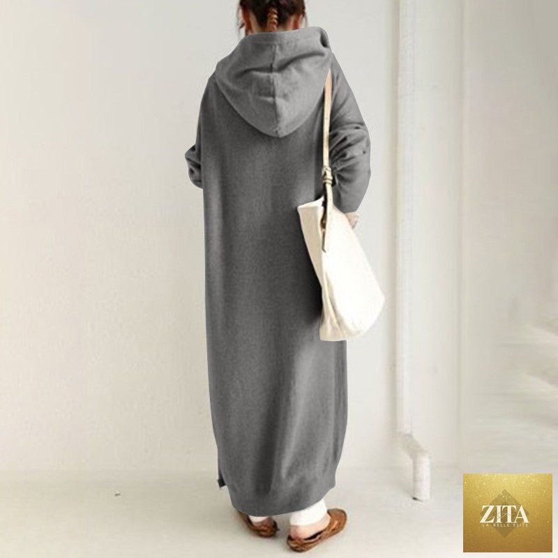 Mariam's Collection oversized hooded zip-up maxi dress in soft fleece fabric, featuring a relaxed fit and a cozy hood.