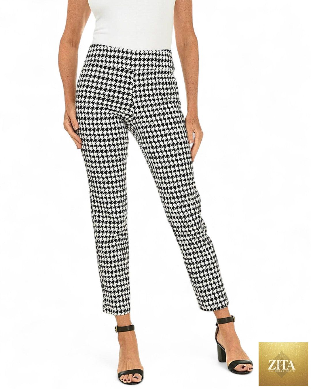Krazy Larry P507 pull-on pants in black mini houndstooth fabric, stylish and comfortable men's fashion pant.