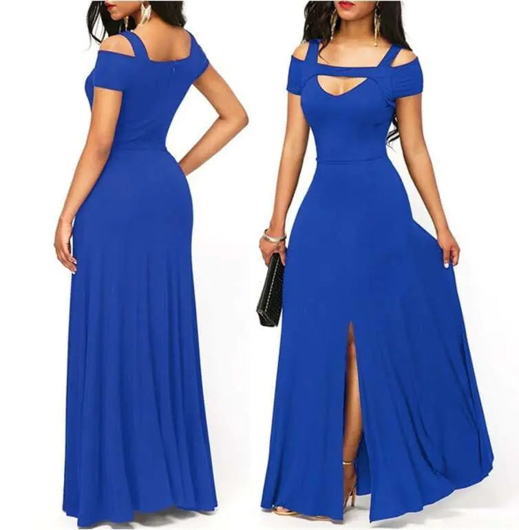 Plus size women’s v-neck off-shoulder maxi dress in flowing fabric, stylish and comfortable for summer wear.