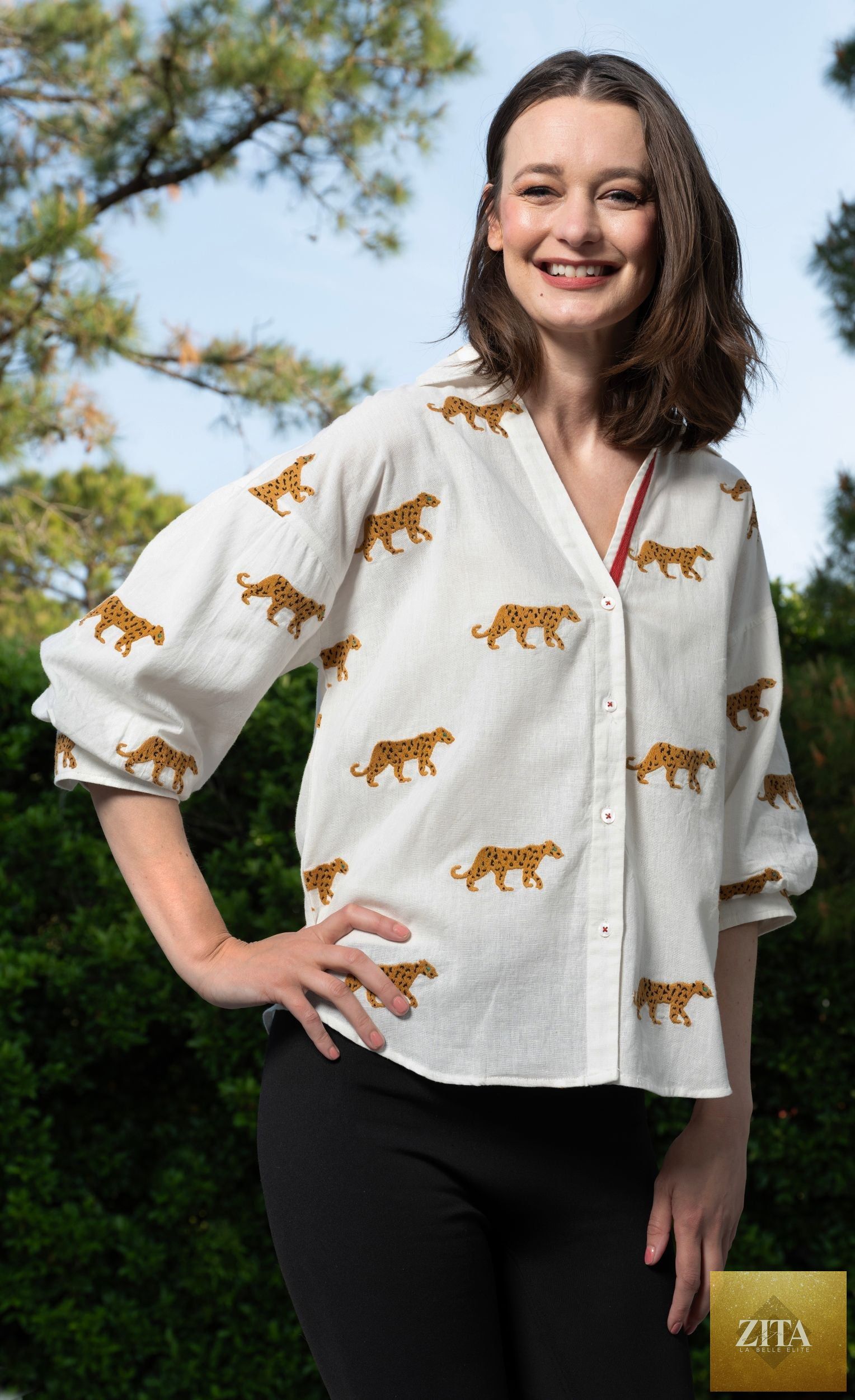 Milano Top Ivory Embroidered Cheetahs