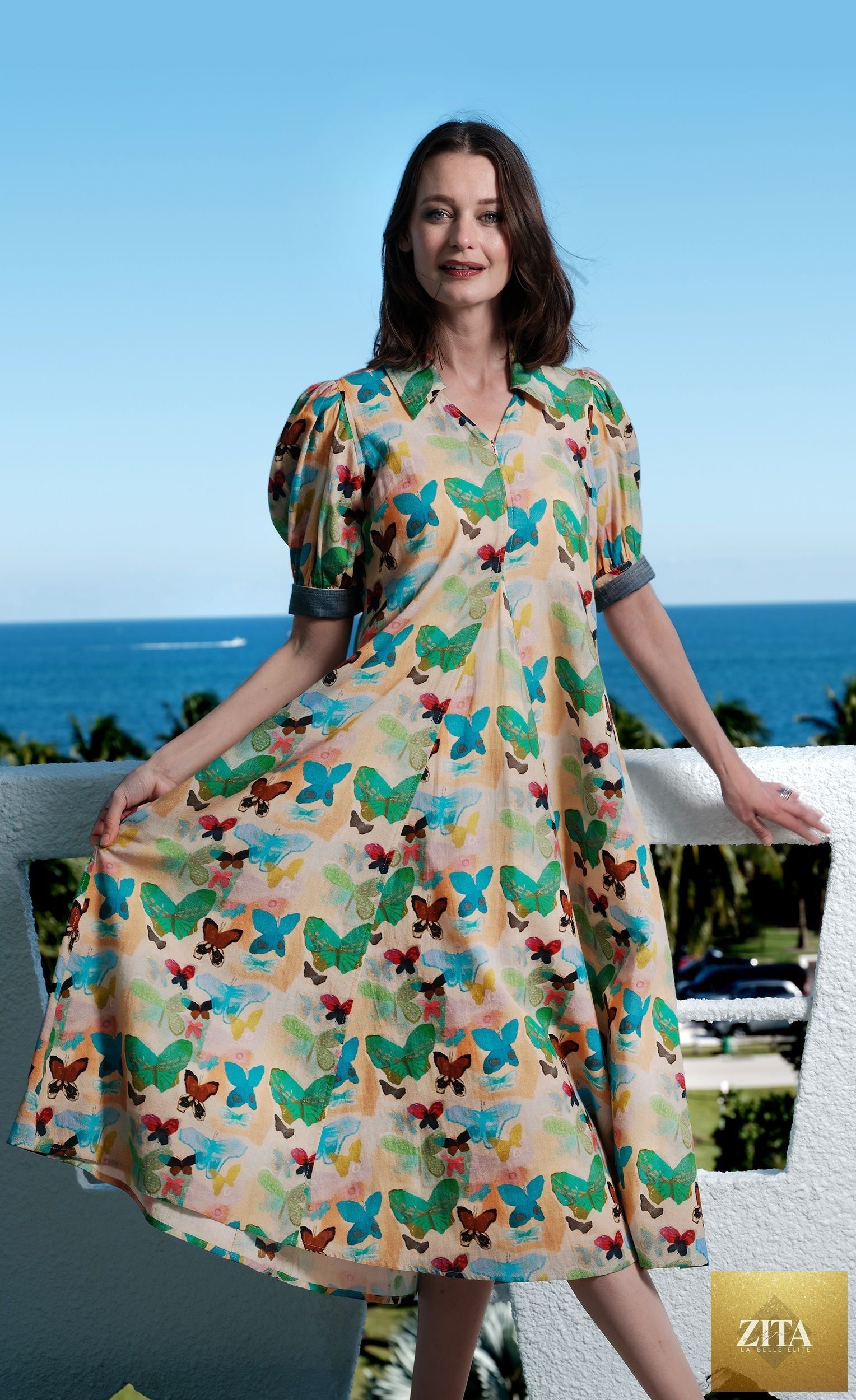 Montauk Dress Linen Cotton Neutral Butterfly Print